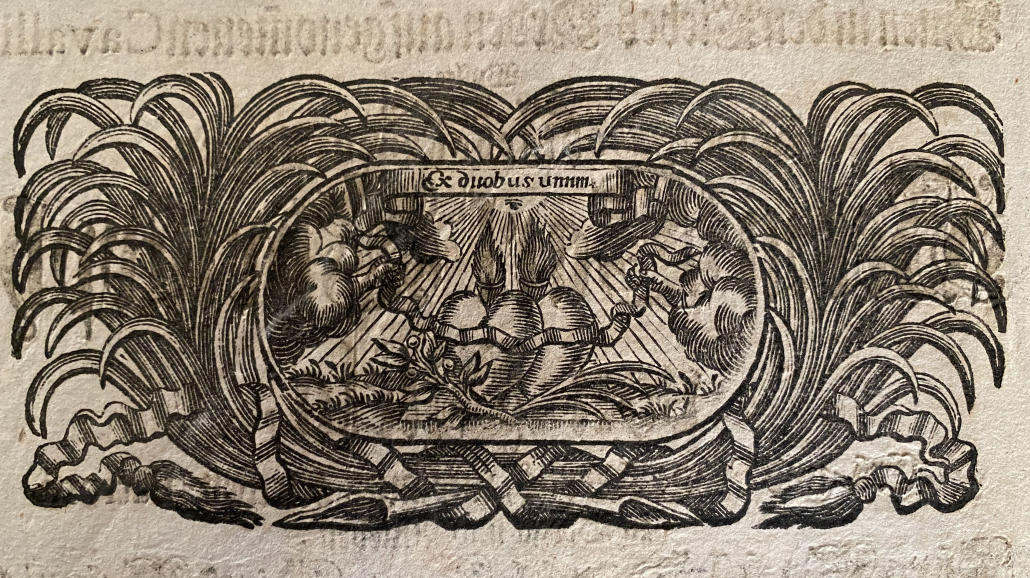 Ex duobus unum – „Aus zwei mache eins“ vermittelt diese Illustration zweier Herzen in einer Gelegenheitsschrift zur Hochzeit von Carl Christoph Biela und Maria Wilhelmina von Heppe im Jahr 1731. Foto: SBB-PK/Friederike Willasch.