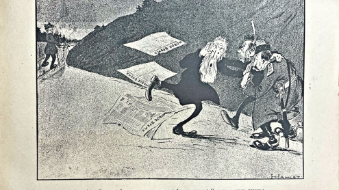 The portrayal of national minorities as a threat to Russians became a frequent target of ridicule among the left-wing intelligentsia. The caricature from the satirical journal Бичь № 1 (1906), p. 9 depicts readers of the right-wing press fleeing in terror from a harmless, passing Finn. – SBB-PK: 2°Ue 6783/28 2, p. 9