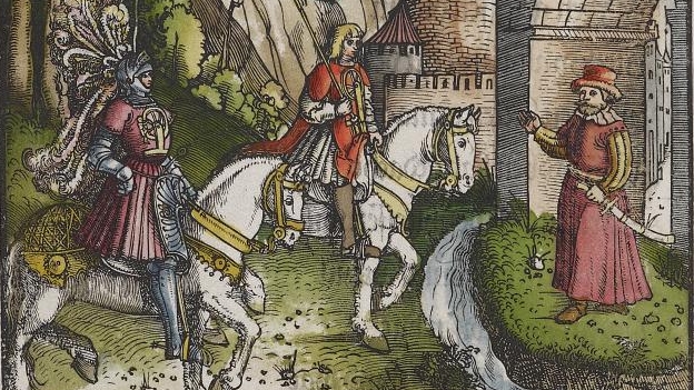 Eine Szene aus dem aufwendig illustrierten und auf Pergament gedruckten „Theuerdank“, 1517 in Nürnberg bei Johann Schönsperger erschienen (VD16 M 1649). Abteilung Historische Drucke. Lizenz: CC-BY-NC-SA