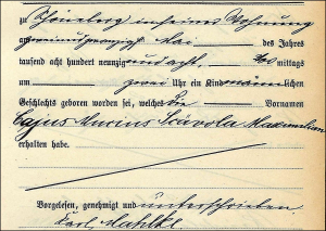 Auszug aus dem Personenstandsregister zur Geburt von Cajus Mucius Scävola Maximilian Mahlke 1898 - LA Berlin