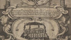 Ausschnitt aus dem Frontispiz der Leichenpredigt von Johann Christfried Sagittarius auf Christian, Prinz von Sachsen-Altenburg, der 1663 im Alter von 9 Jahren an den Masern verstarb (VD17 1:068843D)