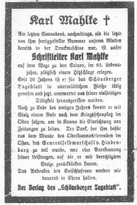 Nachruf auf Karl Mahlke aus dem Schöneberger Tageblatt vom 25.06.1916 - ZLB: B 1 Schö 12