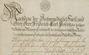 Verleihung des Prädikats als Hofmusikstecher an Bernhard Schott. Aschaffenburg, 06.06.1780