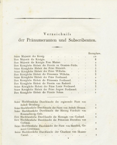 Verzeichnis der Pränumenranten und Subscribenten aus Der grosse Maskenball, 1805, Abbildung aus dem Exemplar der Staatsbibliothek