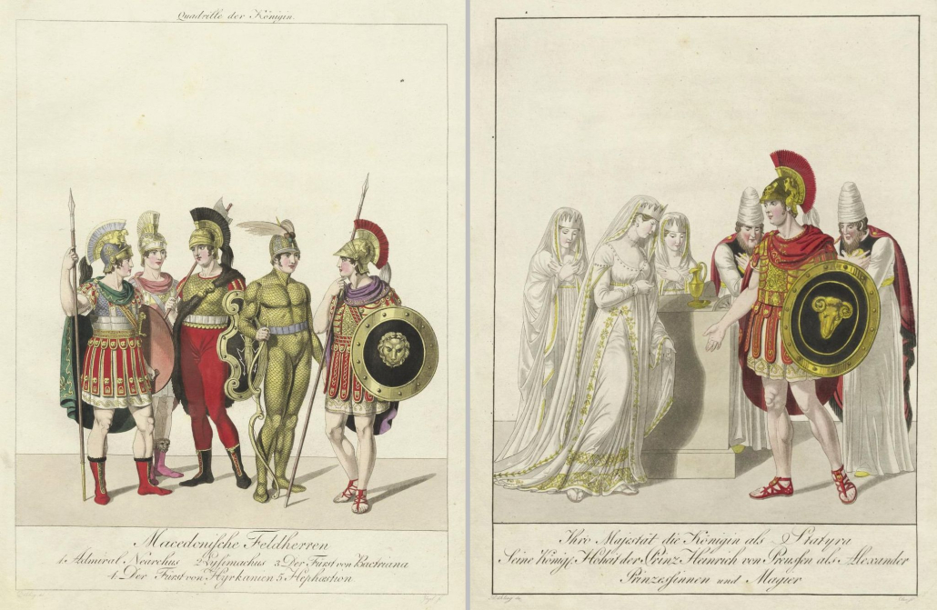 Die Quadrille der Königin: Makedonische Feldherren und die Königin als Statyra, Der grosse Maskenball, 1805, Abbildungen aus dem Exemplar der Staatsbibliothek