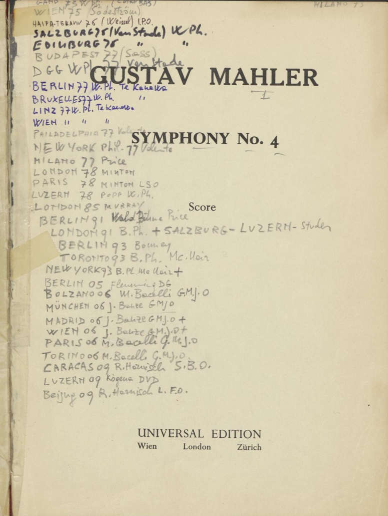 Gustav Mahler: Sinfonie Nr. 4. Titelblatt der Partitur mit Notizen Abbados
