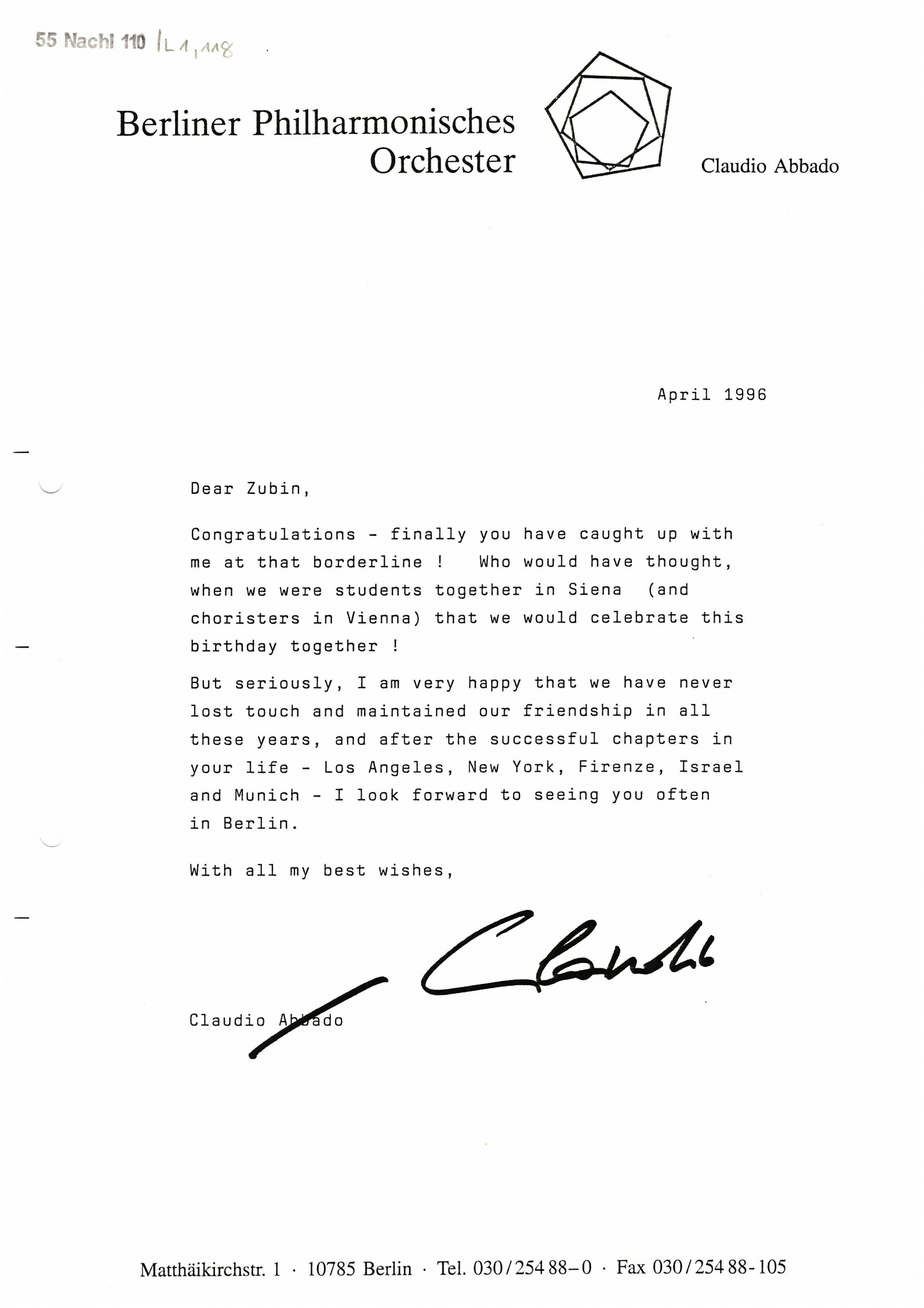 Brief von Claudio Abbado an Zubin Mehta zu dessen 60. Geburtstag