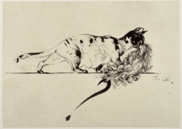 Eine trächtige Katze schleppt Adams Perücke nach rechts, an der ein langes schwarzes Fragezeichen hängt, zu Heinrich von Kleist "Der zerbrochene Krug"