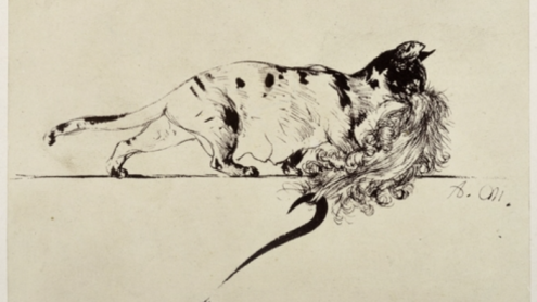 Eine trächtige Katze schleppt Adams Perücke nach rechts, an der ein langes schwarzes Fragezeichen hängt, zu Heinrich von Kleist "Der zerbrochene Krug"