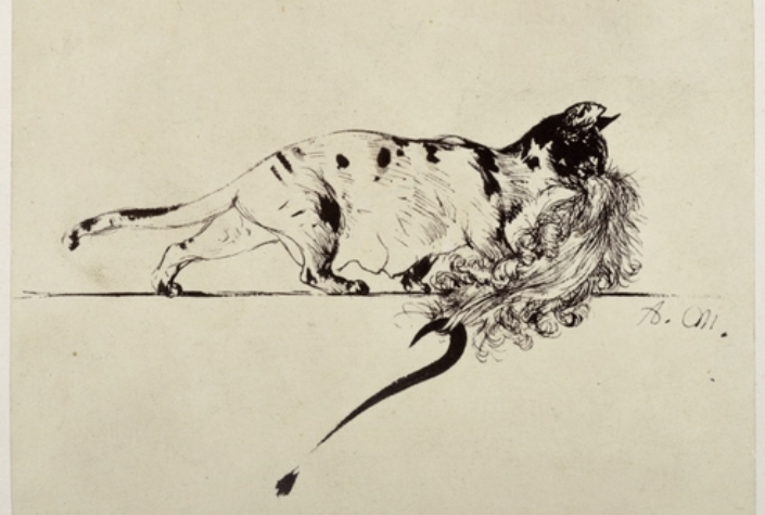 Eine trächtige Katze schleppt Adams Perücke nach rechts, an der ein langes schwarzes Fragezeichen hängt, zu Heinrich von Kleist "Der zerbrochene Krug"