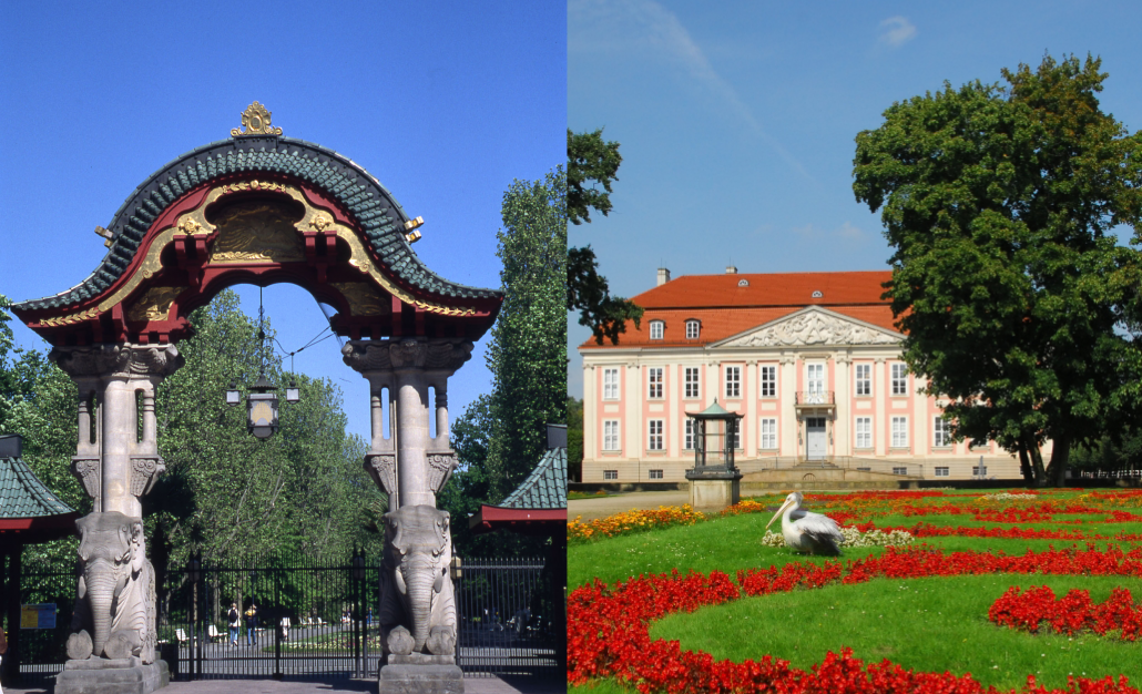 Das Elefantentor vom Zoo Berlin und das Schloss Friedrichsfelde im Tierpark Berlin. © Freunde Hauptstadtzoos
