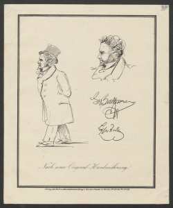 Ludwig van Beethoven in Straßenkleidung und Beethovens Kopf im Profil