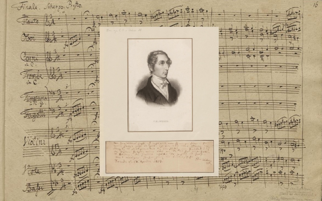 Porträt Carl Maria von Weber auf Notenblatt (Beginn des 4. Satzes der Sinfonie Nr. 2 C-Dur)