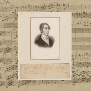 Porträt Carl Maria von Weber auf Notenblatt (Beginn des 4. Satzes der Sinfonie Nr. 2 C-Dur)