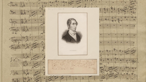 Porträt Carl Maria von Weber auf Notenblatt (Beginn des 4. Satzes der Sinfonie Nr. 2 C-Dur)