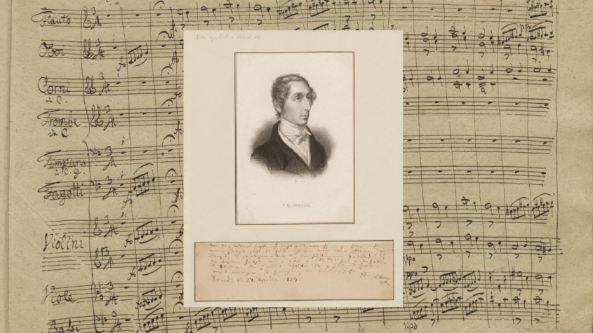 Porträt Carl Maria von Weber auf Notenblatt (Beginn des 4. Satzes der Sinfonie Nr. 2 C-Dur)