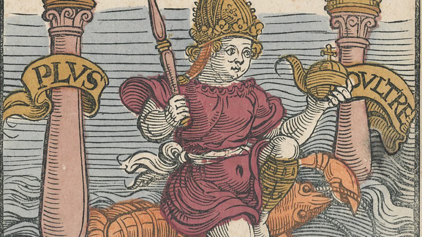 Karl V. als kindischer Herrscher auf einem Krebs. Kolorierter Holzschnitt, um 1548. Handschriftenabteilung. Lizenz CC-BY-NC-SA