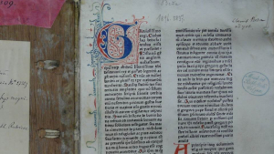 Ausschnitt aus Titelblatt: Beda: Historia ecclesiastica gentis Anglorum. [Strassburg: Heinrich Eggestein, um 1475/78] [vielmehr nicht nach 1475].Bibliothekssignatur 4° Inc 2143a (GW03756). Staatsbibliothek zu Berlin - PK. Lizenz: CC-BY-NC-SA