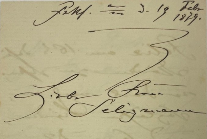 "Liebe Frau Seligmann...". Beginn des Briefes von Clara Schumann an Sarah Seligmann vom 19.02.1879