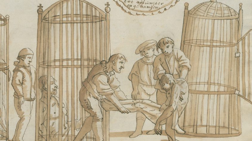 Bild 95: Die Leichname der drei Anführer der Täufer werden in eiserne Käfige gelegt, um sie an der Lamberti-Kirche aufzuhängen. Handschriftenabteilung. Lizenz: CC-BY-NC-SA