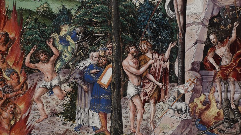Allegorie auf Gesetz und Gnade von Lucas Cranach d. J. in der Johannbibel. Abteilung Historische Drucke. Lizenz: CC-BY-NC-SA