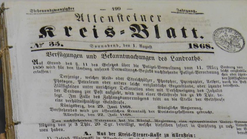 Allensteiner Kreisblatt, Jahrgang 1868/1869, Bibliothekssignatur: Ztg 633; Lizenz CC BY-NC-SA 3.0 Staatsbibliothek zu Berlin-PK.