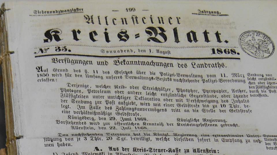 Allensteiner Kreisblatt, Jahrgang 1868/1869, Bibliothekssignatur: Ztg 633; Lizenz CC BY-NC-SA 3.0 Staatsbibliothek zu Berlin-PK.
