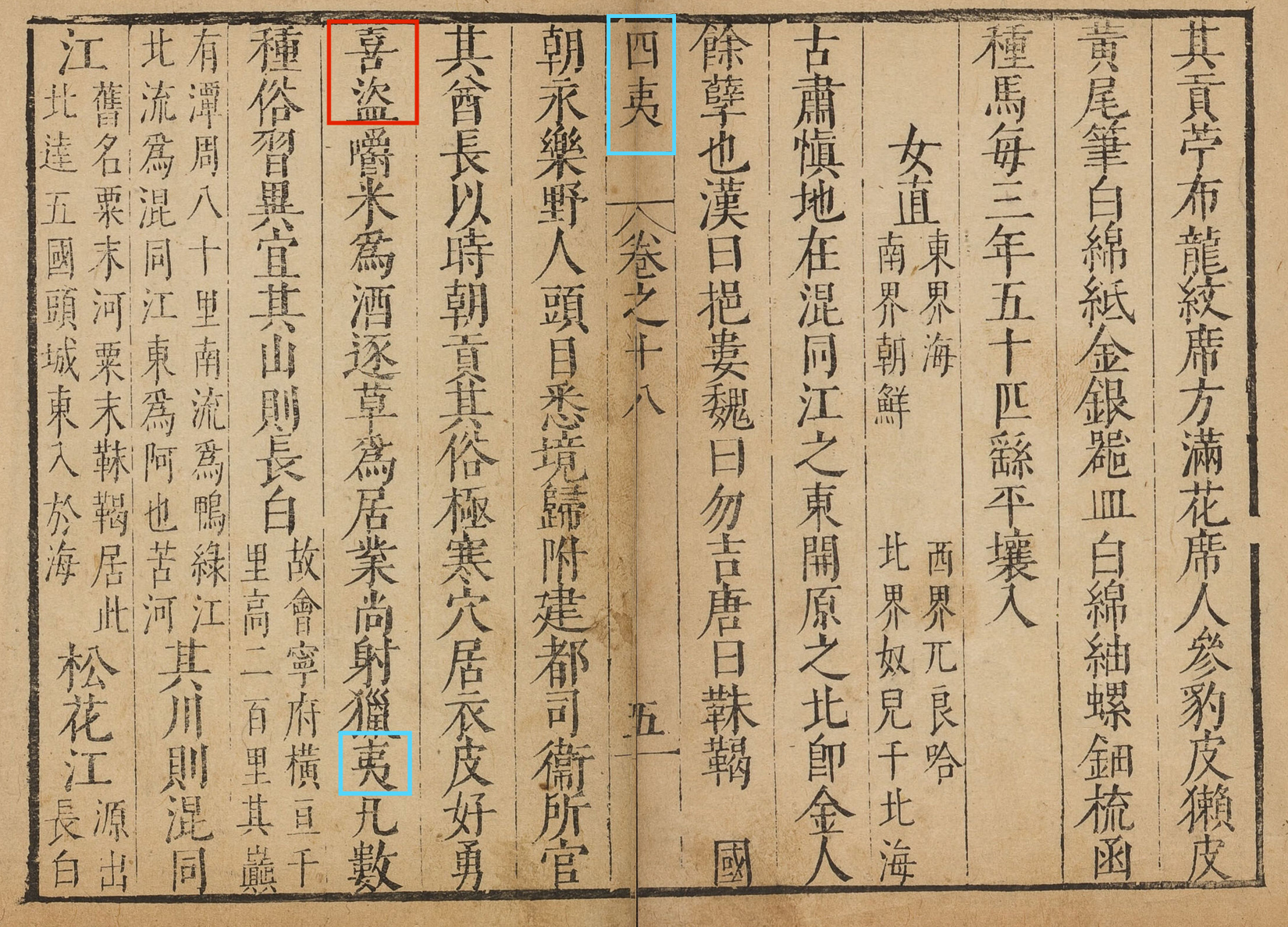 Image 2. “On the Map of the Barbarians in the Four Directions“. - In: Zhang Tianfu 張天復 (d. 1578), first pages of “Si Yi tushuo” 四夷圖說, in Guang huang yu kao 廣皇輿考 (Analysis of All Imperial Territories, 16th century), juan 18, p. 5a–b. Retrieved from https://id.lib.harvard.edu/alma/990077608260203941/catalog [18.01.2024] (n.p.: Zhang Rumao 張汝懋, Ming Tianqi bing yin 明天啓丙寅 [1626]), original held and scanned by Harvard University. - The book can also be found in the SBB in Siku jinhuishu congkan 四庫禁燬書叢刊 (Beijing: Beijing chubanshe, 2000), “Shibu” 史部, vol. 17, p. 352 (2000–2005), SBB PK: 5 B 33312 17