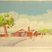Fig. 1: View of Bandō’s ‘commercial district’ Tapatau with the camp bakery “Geba” visible. Note the stylistic influence of Japanese woodblock (ukiyo-e) prints. Die Baracke II, no. 22 (25 August 1918). SBB-PK. Bandō-Sammlung A 2-2.