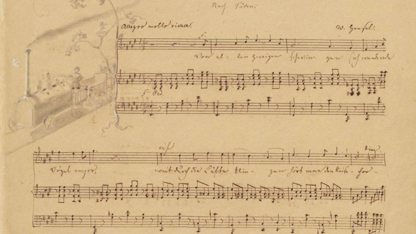 Fanny Hensel: Nach Süden! Lied im Reise-Album 1839-40. Autographe Reinschrift mit Vignette von Wilhelm Hensel, 1841 (MA Ms. 163)