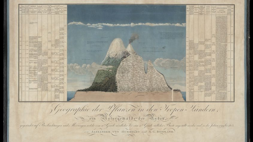 Fig. 1. Humboldt’s “Naturgemälde der Anden” (1807). It was originally published in 1805 as the “Tableau physique des Andes et pays voisins” with the "Essai sur la géographie des plantes". Source: Wikimedia.