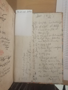 Rescher’s inner cover notes that show the content of the manuscript Ms. or. oct. 2893, which he sold to the Prussian State Library in 1928. - Foto: Thoralf Hanstein / Lizenz: CC BY-NC-SA
