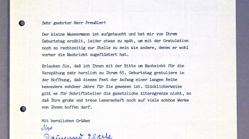 NL Preußler: Geburtstagsgruß des Regierungspräsidenten von Oberbayern, Raimund Eberle, zum 65. Geburstag Preußlers. (3.11.1988)