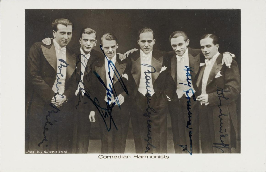 Gruppenporträt der Anfangsgruppe „Comedian Harmonists“, Berlin um 1927, Frommermann 2. von links, (Signatur: N.Mus.Nachl. 86 B,6,65)