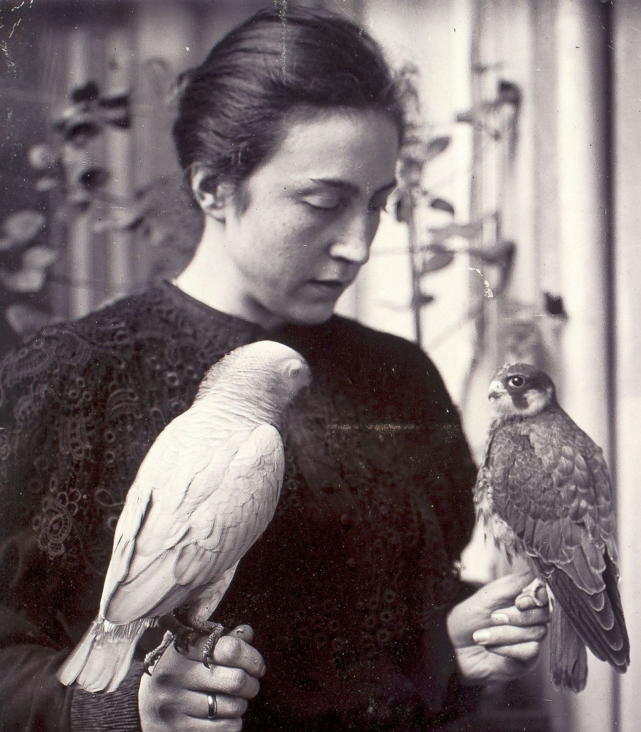 Magdalena Heinroth am 18. August 1908 in ihrer Wohnung mit dem Graupapagei Nkussu und dem Baumfalken Franz
