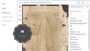 Ansicht aus dem Mirador-Viewer. Boner: "Edelstein" (D), um 1445/1450 (Badische Landesbibliothek Karlsruhe, Cod. Donaueschingen A III 53).