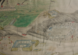 Detailansicht mehrerer Gebäude und des Hafens, mit Schiffen