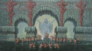 Bühnenentwurf von Karl Friedrich Schinkel zur Undine; Kühleborns Wasserpalast © bpk / Kupferstichkabinett, SMB