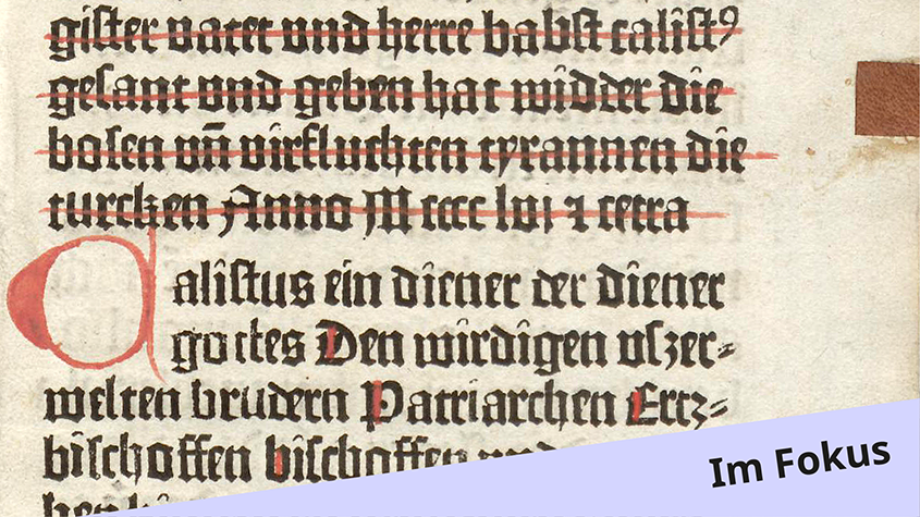 Kreuzzugsbulle Rom 29.VI.1456. 8° Inc 1512.20, Bl. 1a (GW 5916). SBB-SPK
