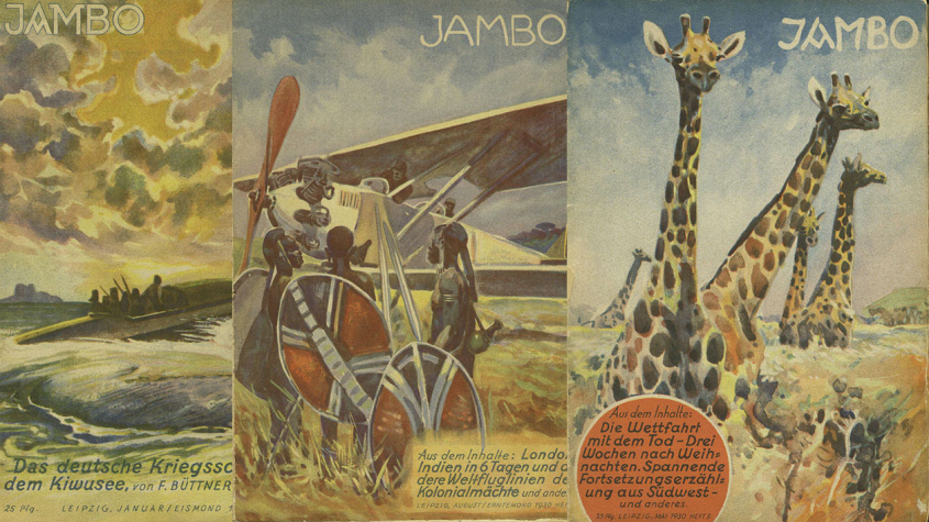Title covers of the monthly colonialist youth magazine "Jambo", volume 6 (1930), issues 1, 8, and 5. - (Personal Collection)