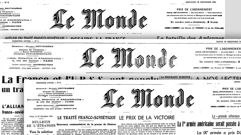 Auszug der Titelblätter der drei ersten Ausgaben der Le Monde vom 19./20./21.12.1944