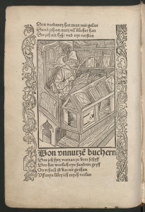 05041 Brant, Sebastian: Das Narrenschiff. Basel: Johann Bergmann, 11.II.1494. 4° 158 Bl. a–t⁸v⁶. 1, Tab. 2 Sp. 30 Z. Typ. 1:109R, 2:180G, 5:109G mit 1:109R gemischt. Init. h. 2 Randleisten pro S. 114 Hlzs., dar. 9 Wdh. DrM IVa. Anm. Zum Ex. Berlin SB vgl. The Young Dürer. Drawing the Figure. Ausstellungskatalog London, Courtauld Gallery, 17.X.2013–12.I.2014. Hrsg. Stephanie Buck u. Stephanie Porras. London 2013, S. 247–251 Nr 44. — Beschreibung in MRFH [12.VI.2012]. Faks. Hrsg. Dieter Wuttke. Baden-Baden 1994. — Hrsg. Franz Schulz. Strassburg 1913. Reproduktionen: Res.Publ. Unit 47. Basel UB (Digitalisate) (Ex. 1), (Ex. 2). Berlin SB (Digitalisat). Darmstadt ULB (Digitalisat). Dresden SUB (Digitalisat). München SB (Digitalisat). Washington (D.C.) LC (Digitalisat). H 3736. Schr 3555. Schramm XXII Abb. 1109–1215. Kaufmann-Nabholz 786. Ce³ B-1080. IDL 1015. VB 604. BSB-Ink B-816. Deckert 165. ISTC ib01080000. Basel UB (2 Ex., 1. Ex. def., 2. Ex. def.). Berlin *SB. Darmstadt ULB (def.). Dresden SUB. Göttingen *SUB (def. ). Hilversum LibernaColl (def.). Köln UStB. München SB. New York MorganL. Nürnberg GermanNM (def.). Washington (D.C.) LC (Bl. 1 fehlt). Wien MKunst. Wittenberg Sem (Fragm. 2 Bl. ). — Ehem. Dax (Klagenfurt) (Fragm.). Gesamtüberlieferung: 14 Exemplare/Fragmente in öffentlichen Einrichtungen. Gesamtkatalog der Wiegendrucke • https://gesamtkatalogderwiegendrucke.de/docs/GW05041.htm • Letzte Änderung: 2011-08-02