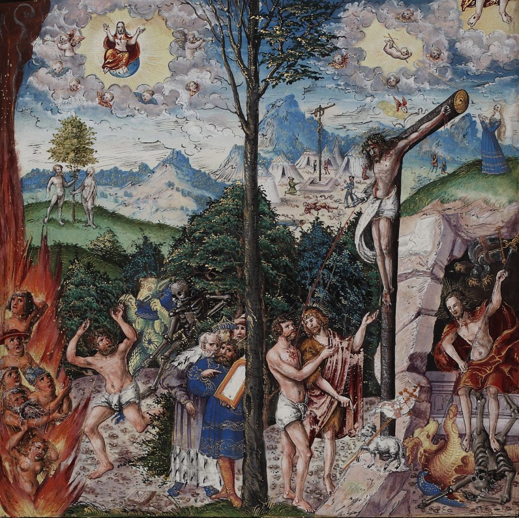 Allegorie auf Gesetz und Gnade von Lucas Cranach d. J. im zweiten Band der Johannbibel. Abteilung Historische Drucke. Lizenz: CC-BY-NC-SA