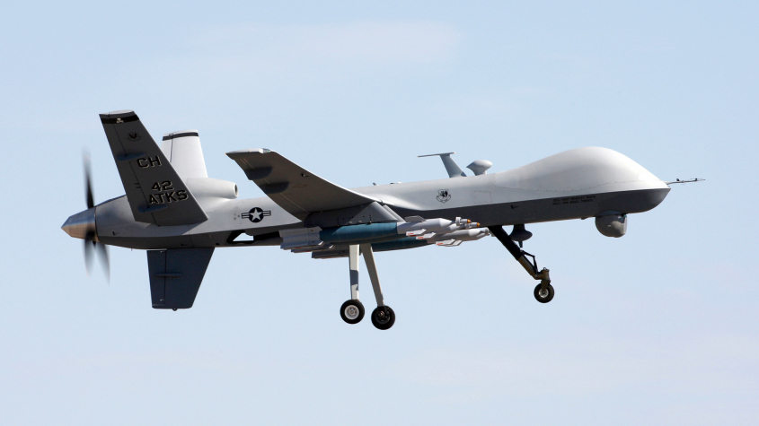 A MQ-9 Reaper flies above Creech Air Force Base, Nev., during a local training mission June 9, 2009. The 42nd Attack Squadron at Creech AFB operates the MQ-9.  (U.S. Air Force photo/Paul Ridgeway)