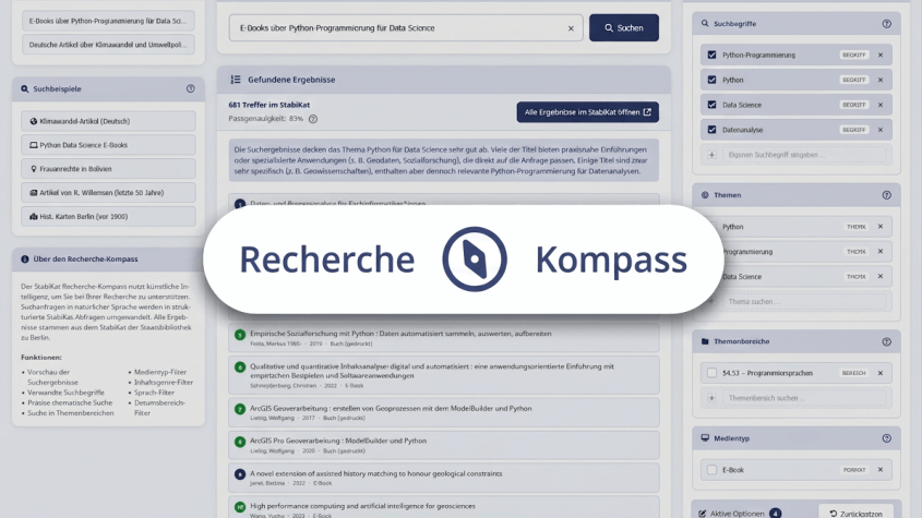 Das Stabikat Recherche-Kompass Logo über einem Screenshot der Anwendung