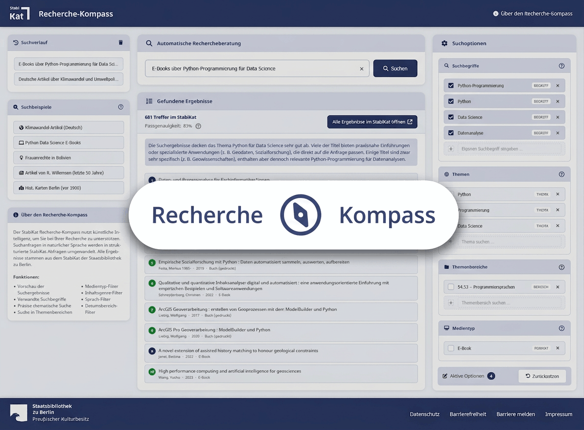 Das Stabikat Recherche-Kompass Logo über einem Screenshot der Anwendung