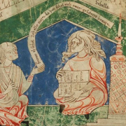 Eneas trifft auf die lesende Sibylle: Heinrich von Veldeke, Eneit [um 1220–1230] (Berlin, SBB-PK, Ms. germ. fol. 282, 21r).