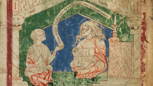 Eneas trifft auf die lesende Sibylle: Heinrich von Veldeke, Eneit [um 1220–1230] (Berlin, SBB-PK, Ms. germ. fol. 282, 21r).