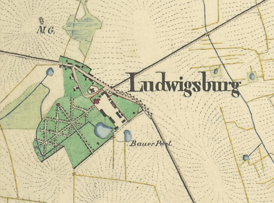 Kartenausschnitt der Schlossanlage Ludwigsburg östlich von Greifswald, dargestellt auf dem Urmesstischblatt 515, gezeichnet von Knobelsdorff 1835.