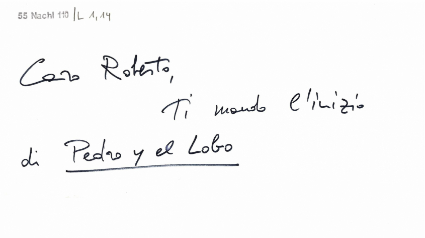 Notiz von Claudio Abbado an Roberto Benigni zur Übersendung einer spanischen Textfassung von „Peter und der Wolf“
